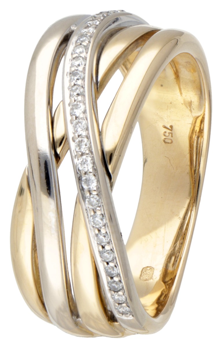 18 kt. Bicolor gouden cross-over ring bezet met ca. 0.13 ct. diamant.