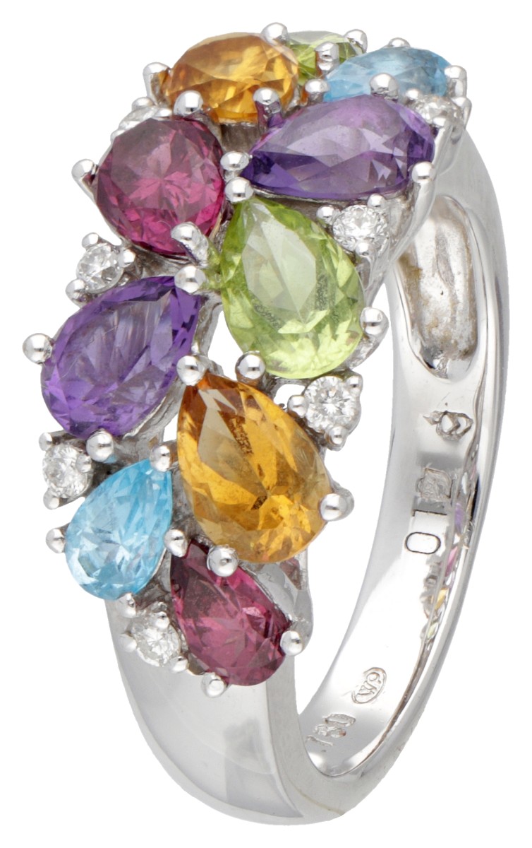 18 kt. Witgouden ring bezet met diverse edelstenen waaronder diamant, amethist, granaat en topaas.