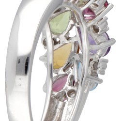 18 kt. Witgouden ring bezet met diverse edelstenen waaronder diamant, amethist, granaat en topaas.