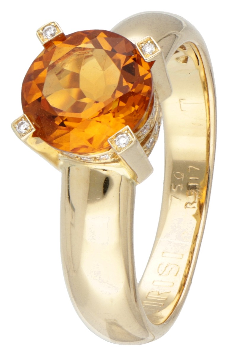 18 kt. Geelgouden Tirisi Moda ring bezet met ca. 1.50 ct. citrien en ca. 0.11 ct. diamant.