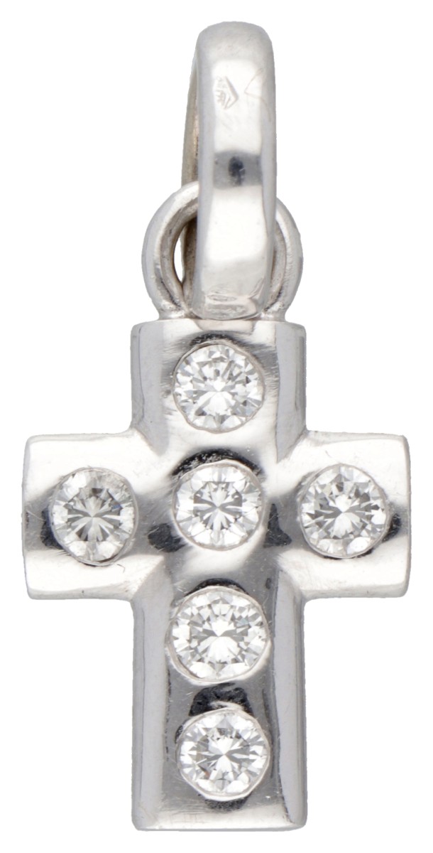 18 kt. Witgouden kruisvormige hanger bezet met ca. 0.45 ct. diamant.