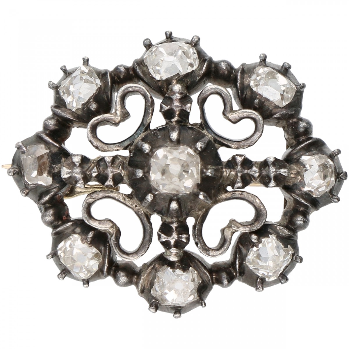 Geelgouden/zilveren broche, met ca. 0.92 ct. diamant - BWG.