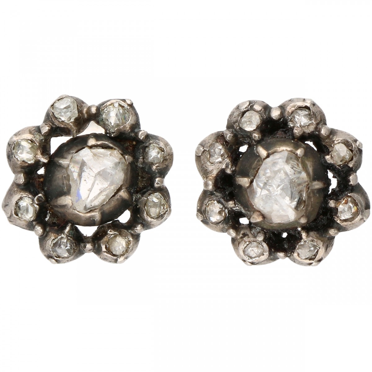 Zilveren rozet oorbellen, met 10 diamanten - 925/1000. (margin scheme)