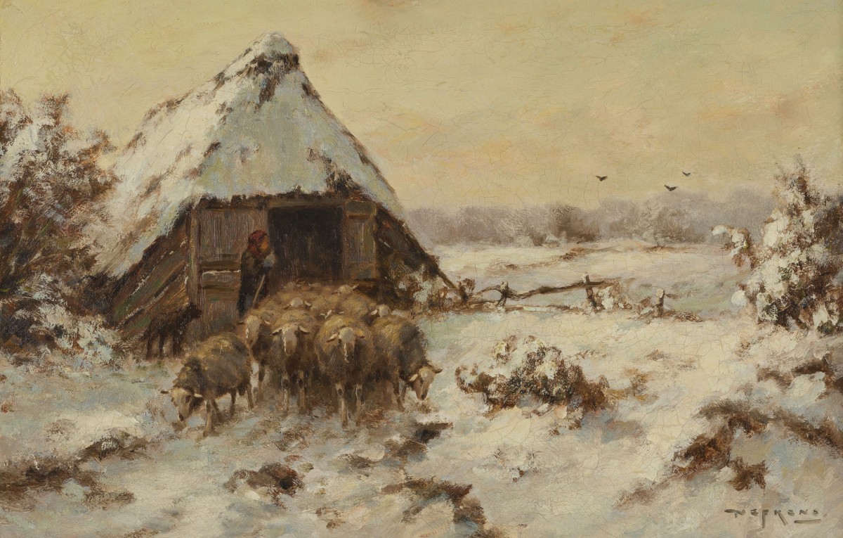 Hollandse School, Winterlandschap met Drentse schapen bij een schuur, 20e eeuw. 