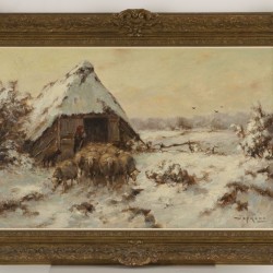 Hollandse School, Winterlandschap met Drentse schapen bij een schuur, 20e eeuw. 