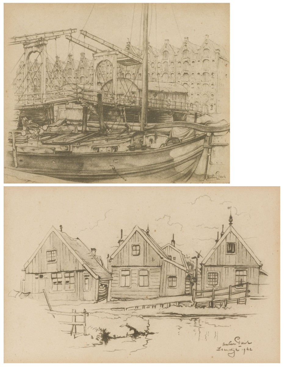 Een lot van (2) offset prints naar Anton Pieck, Zaanse huisjes en de Magere brug Amsterdam, 20e eeuw.