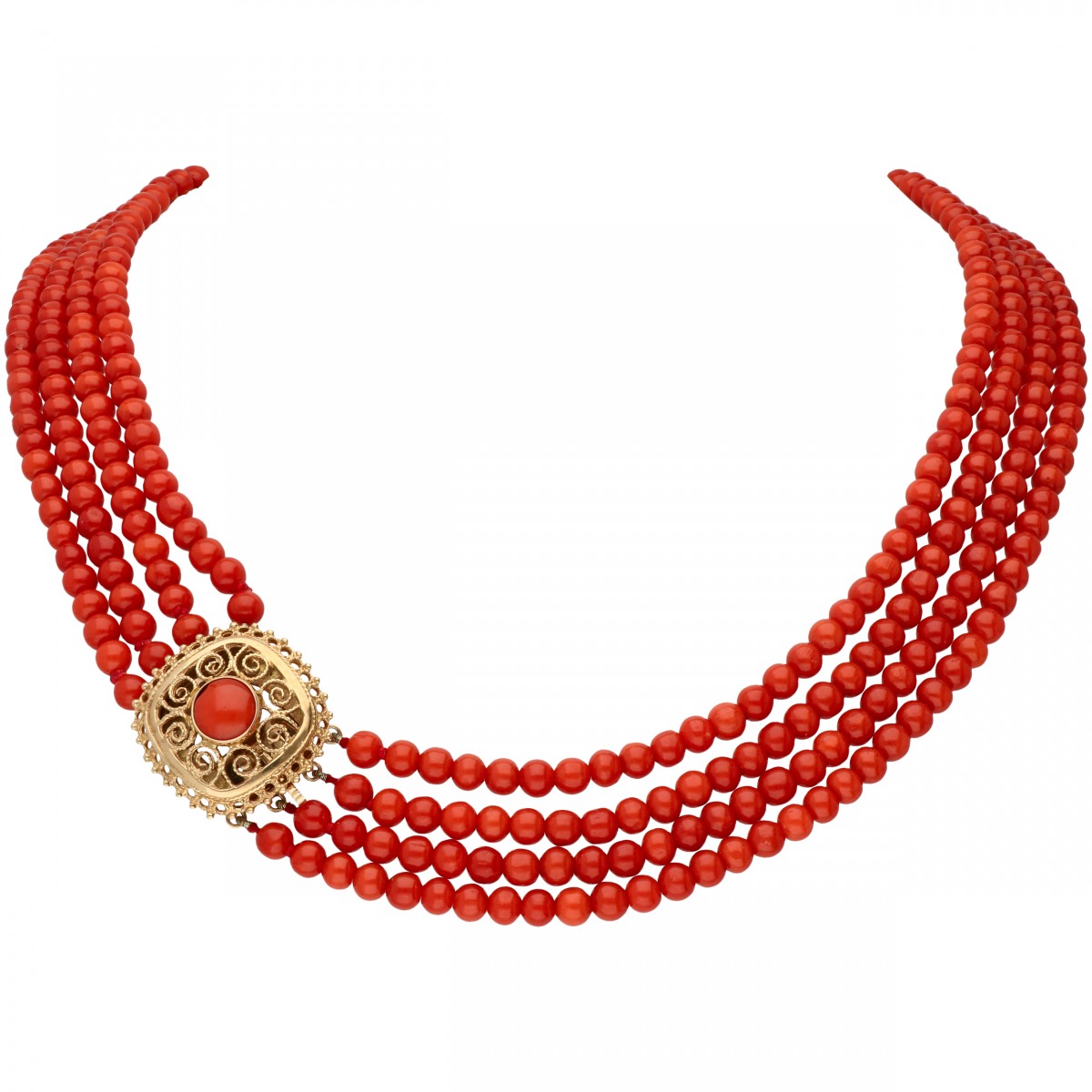 Vierrijig bloedkoralen collier met een geelgouden sluiting - 14 kt.