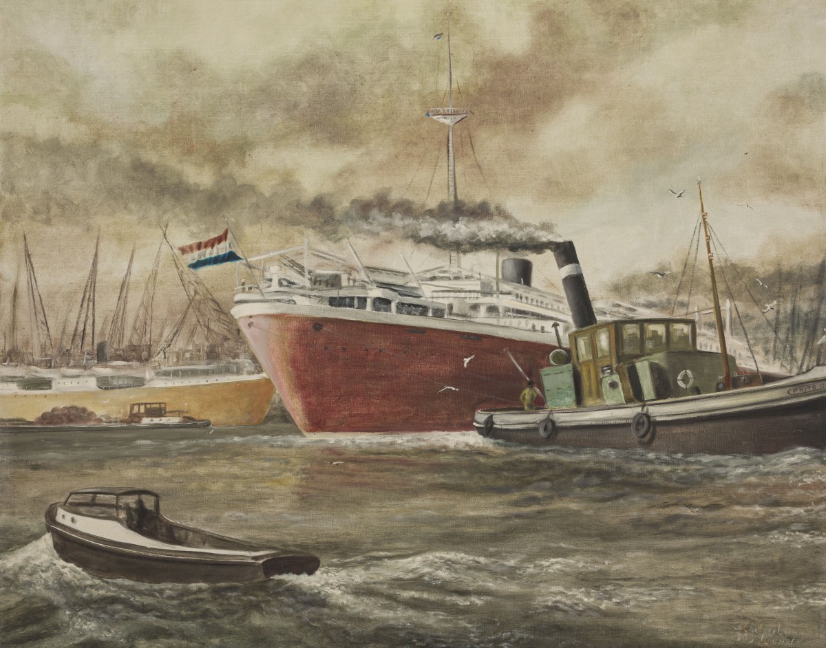 Hollandse School, Een schilderij van de Rotterdamse Haven, eind 20e eeuw.