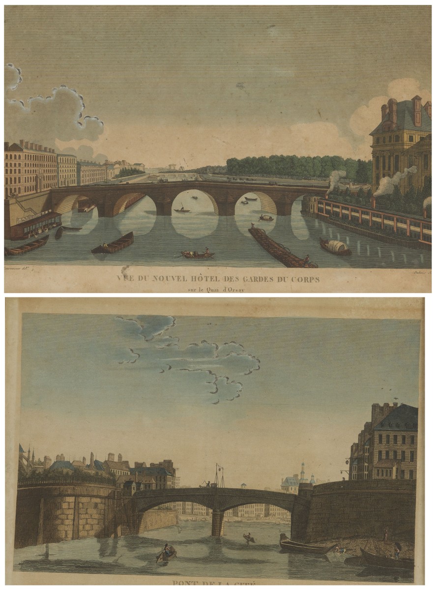 Franse School, Twee gravures met gezicht op Parijs, Pont de la Cité en Quai d'Orsay, 19e eeuw.