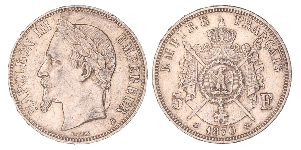 France. Second empire. Napoleon III. 5 Francs. 1870 A.