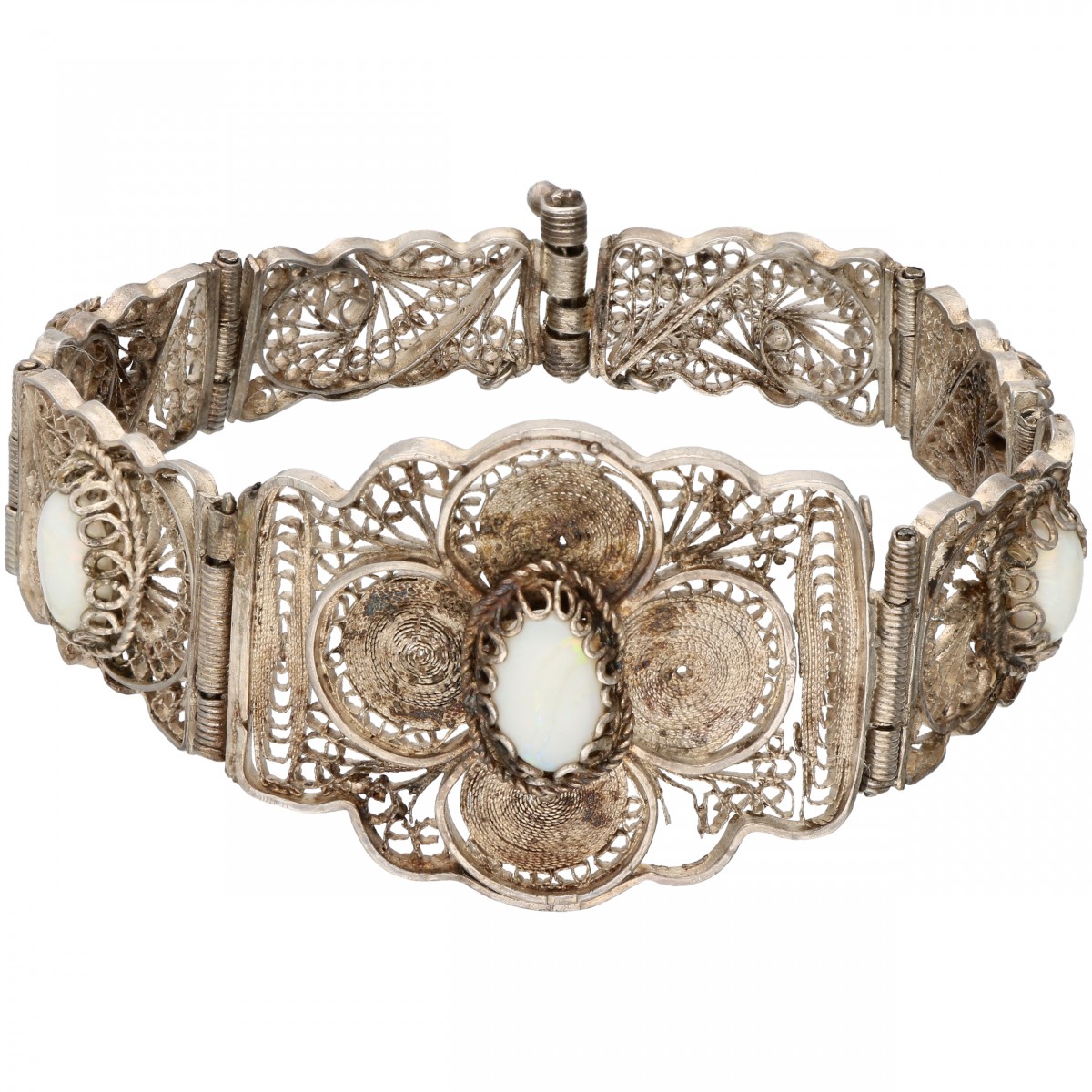 Zilveren filigrain armband, met natuurlijke witte opaal - 835/1000.