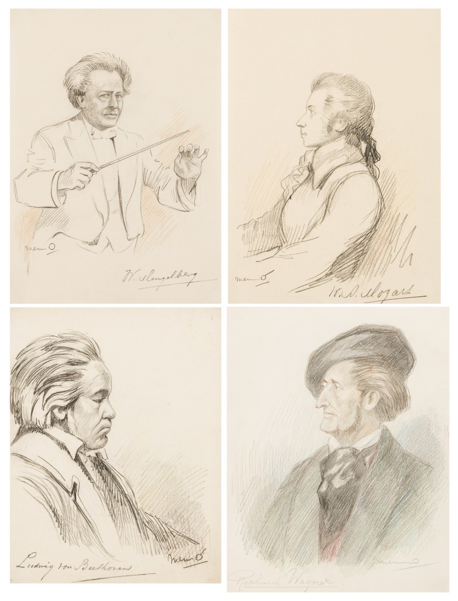 Een lot van (4) portretten, voorstellende Mozart, Beethoven, Wagner en J.W. Mengelberg (1871 – 1951), 20e eeuw.