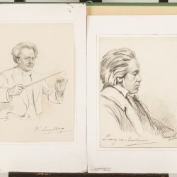 Een lot van (4) portretten, voorstellende Mozart, Beethoven, Wagner en J.W. Mengelberg (1871 – 1951), 20e eeuw.