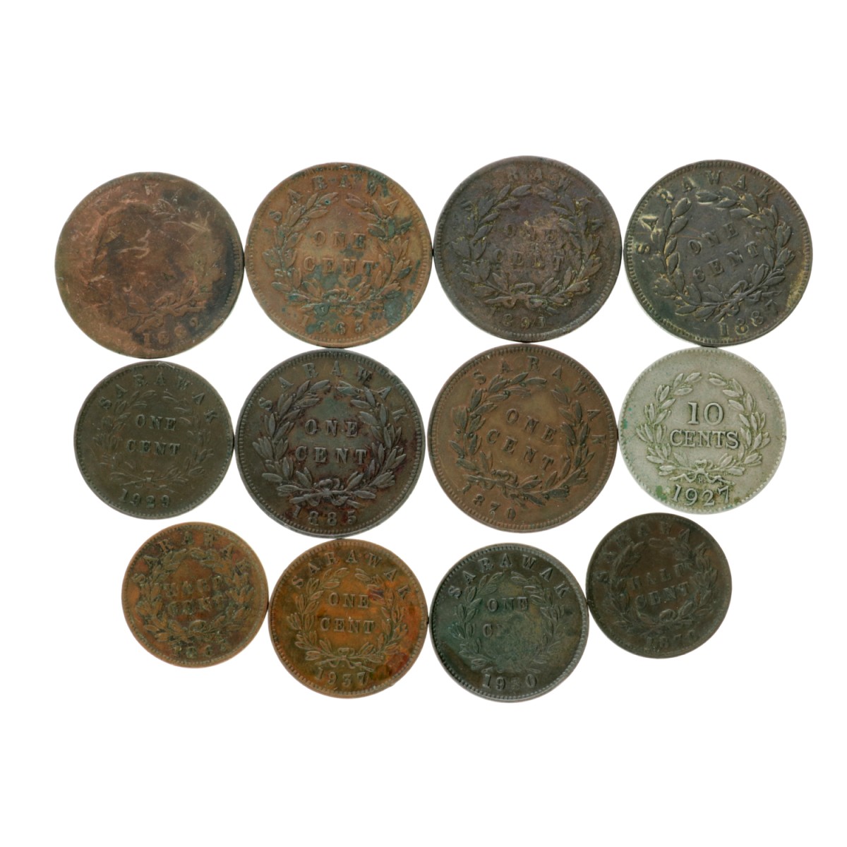 Sarawak. J. Brooke and C.V. Brooke. Lot (12) copper and nickel coins. 19th and 20th century.