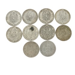 German states. Prussia, Saxony and Bavaria. Lot (10) 5 Mark. Late 19th century - early 20th century. VF - XF.