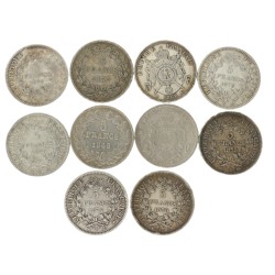 France. Lot (10) 5 Francs. 1839 B, 45 W, 68 BB, 69 BB, 70 A, 73 A, 74 A and 75 K.