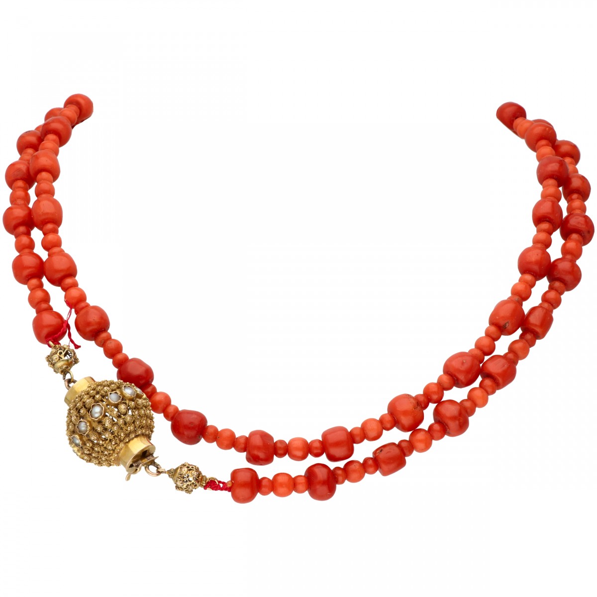 Bloedkoralen collier met een open gewerkte geelgouden sluiting met zaadparel - 14 kt.