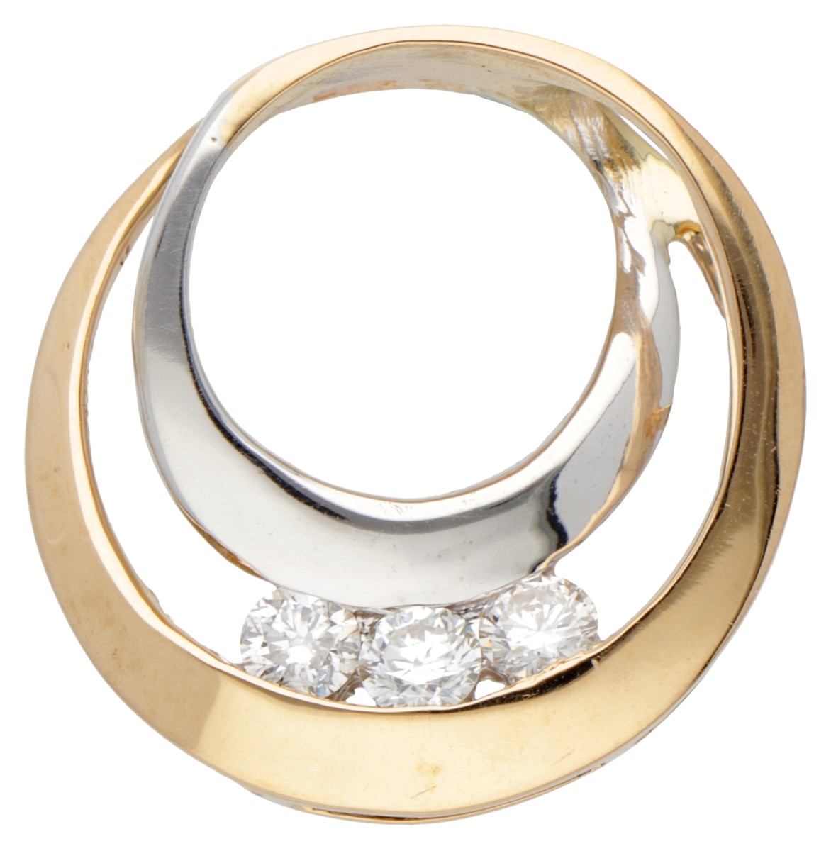 14 kt. Bicolor gouden cirkelvormige hanger bezet met ca. 0.39 ct. diamant.