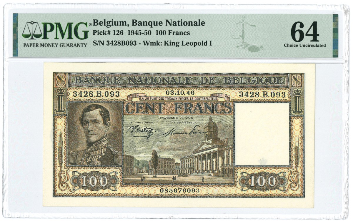 Belgium. 100 Francs. Banknote. Type 1945-1950. - UNC.