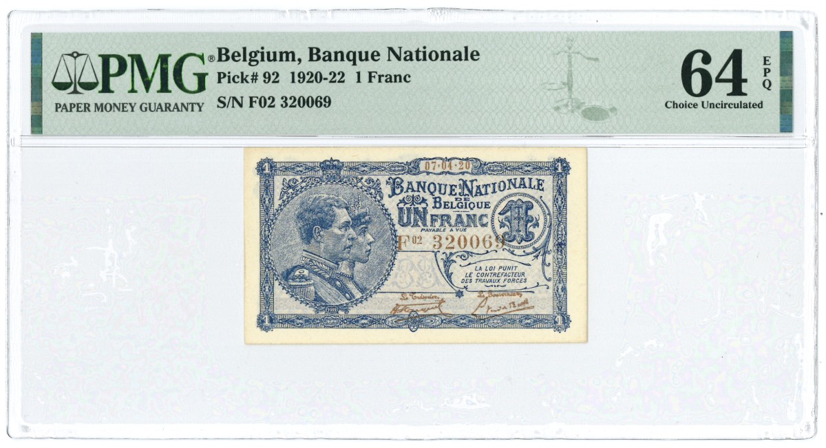 Belgium. 1 Franc. Banknote. Type 1920-1922. - UNC.