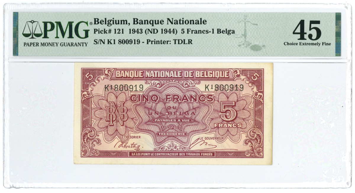 Belgium. 5 Francs. Banknote. Type 1943. - Extremely fine.