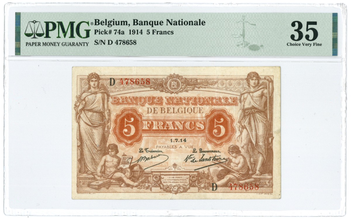 Belgium. 5 Francs. Banknote. Type 1914. - Very fine.