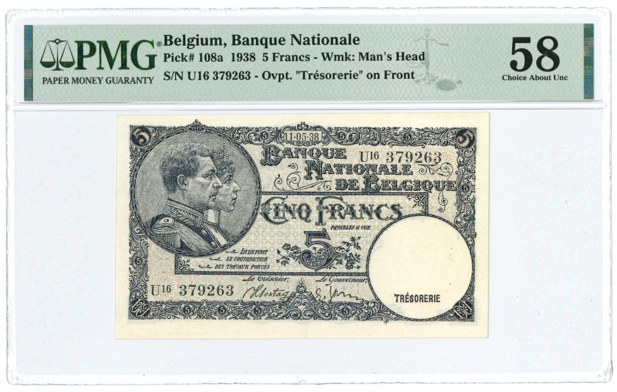 Belgium. 5 Francs. Banknote. Type 1938. - About UNC.