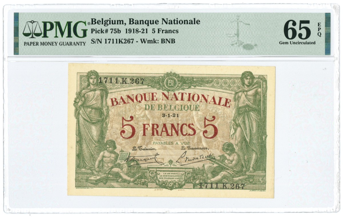 Belgium. 5 Francs. Banknote. Type 1918-1921. - UNC.