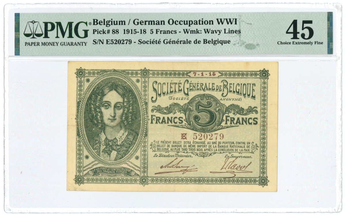 Belgium. 5 Francs. Banknote. Type 1915-1918. - Extremely fine.