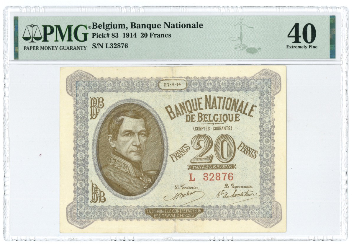 Belgium. 20 Francs. Banknote. Type 1914. - Extremely fine.