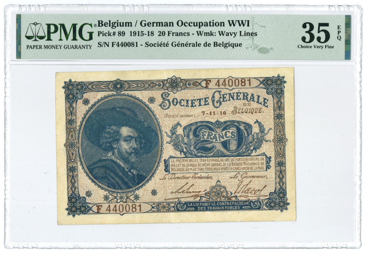 Belgium. 20 Francs. Banknote. Type 1915-1918. - Very fine.