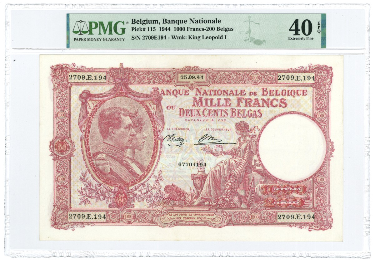 Belgium. 1000 Francs. Banknote. Type 1944. - Extremely fine.