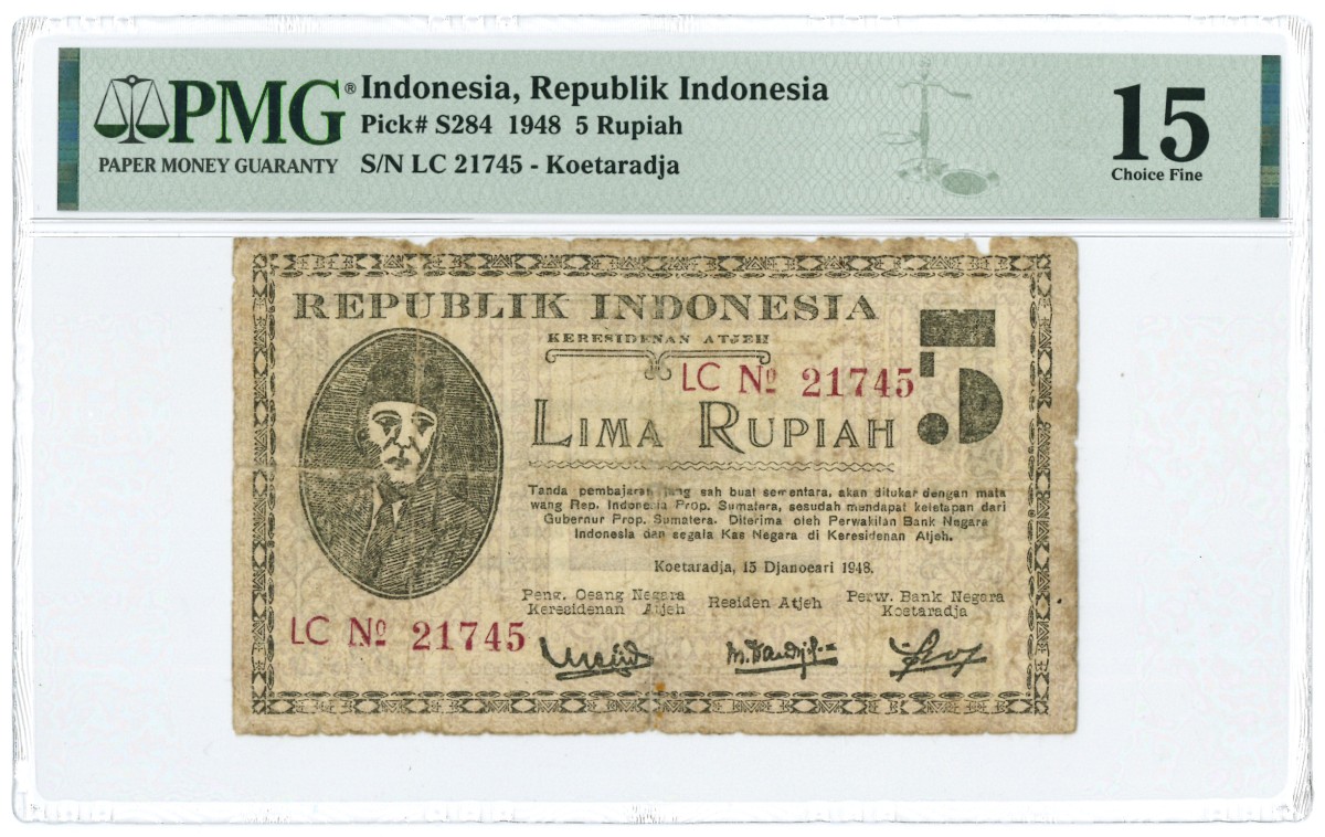 Indonesia. 5 Rupiah. Banknote. Type 1948. - Fine .