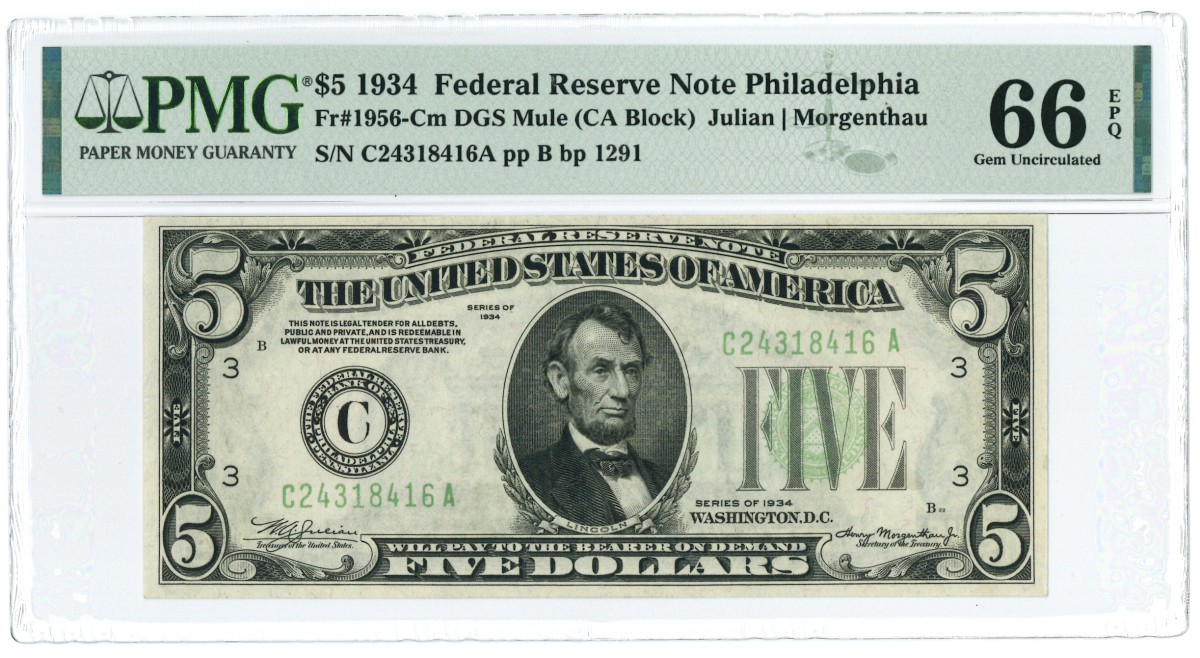 United States. 5 Dollars. Banknote. Type 1934. Type Julian Morgenthau. - UNC.