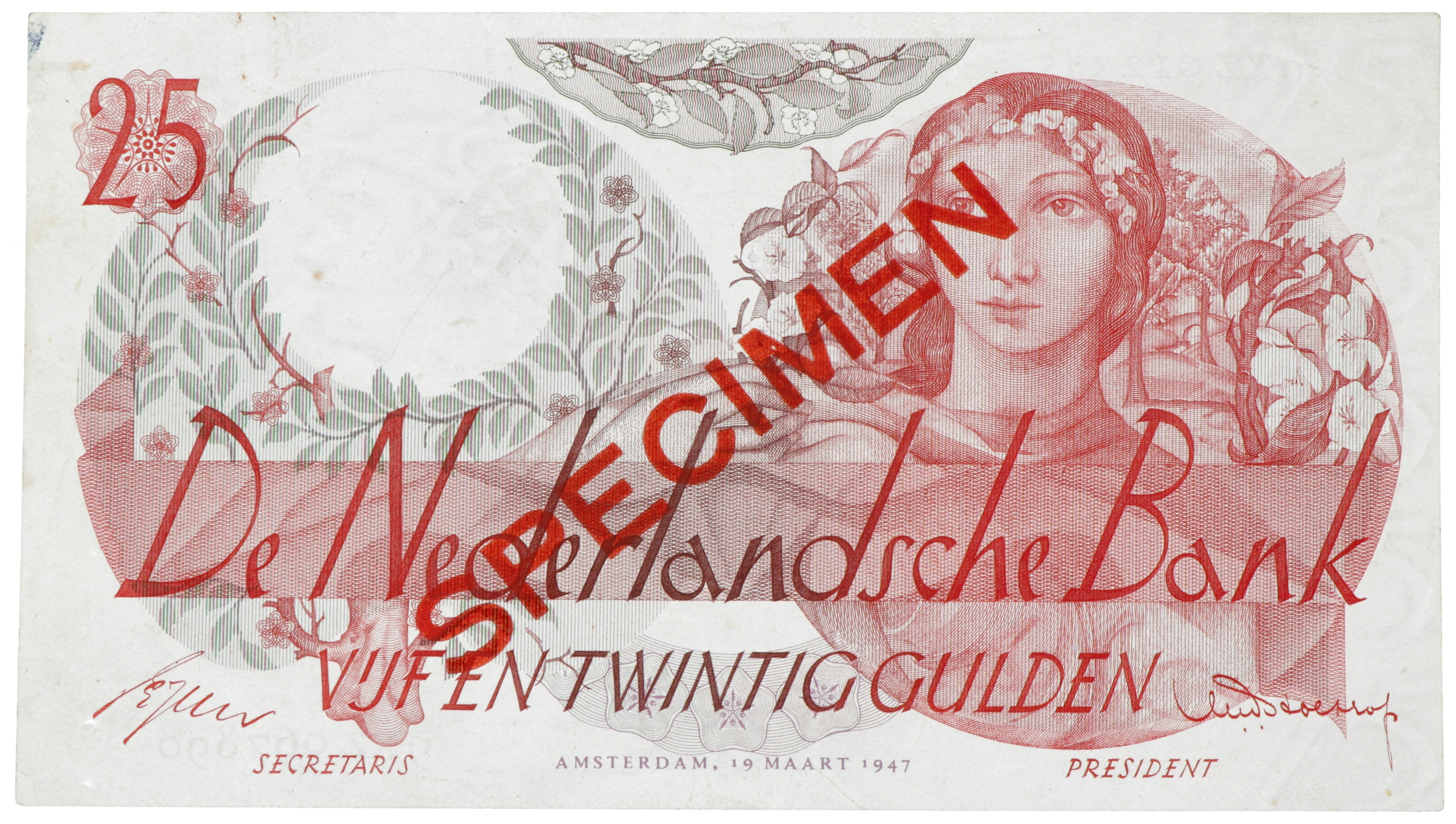 Nederland. 25 Gulden. Bankbiljet. Type 1947. Type Flora. Specimen. - Zeer Fraai -.