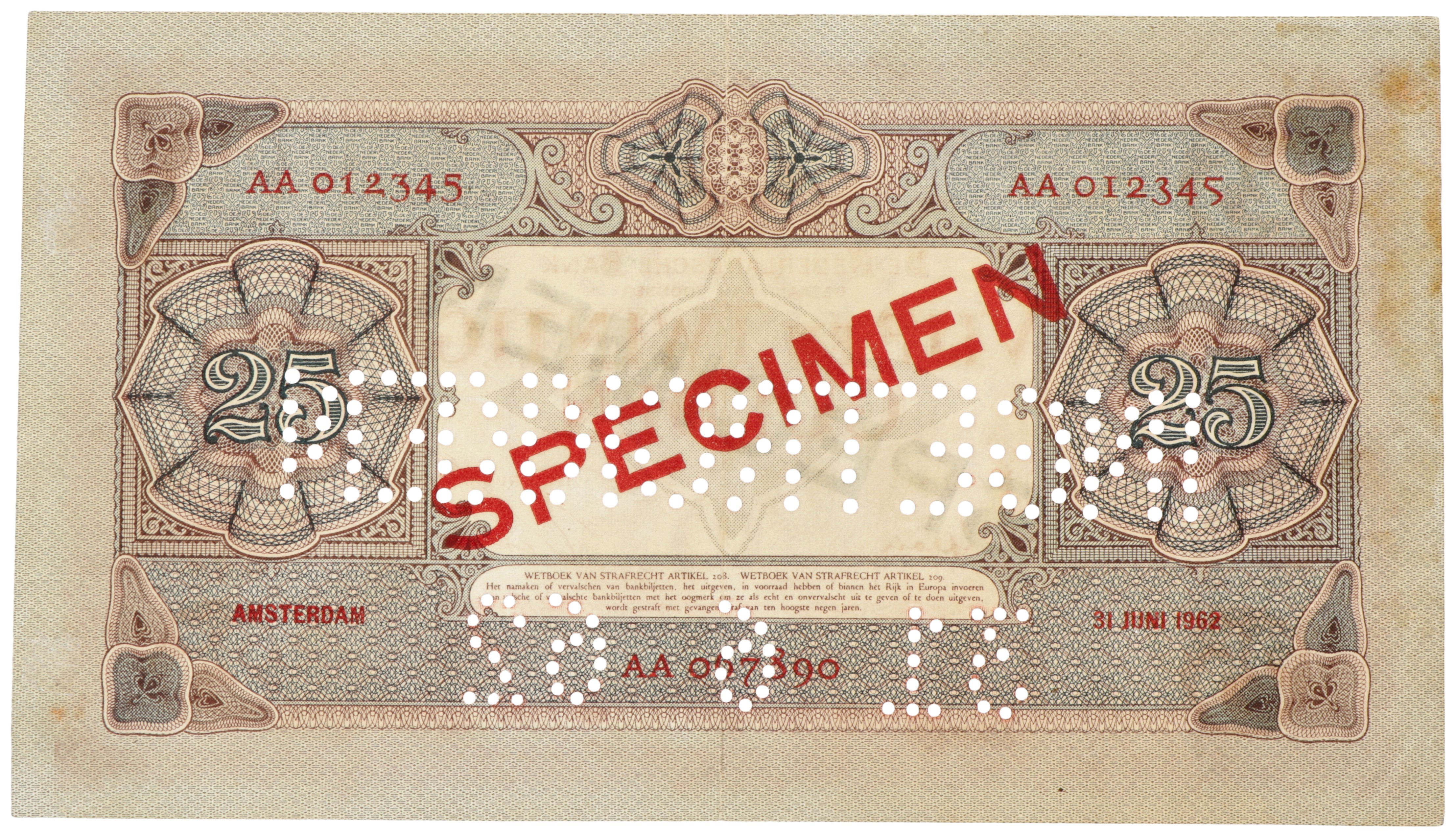 Nederland. 25 Gulden. Bankbiljet. Type 1929. Type Willem van Oranje. Specimen. - Zeer Fraai / Prachtig.