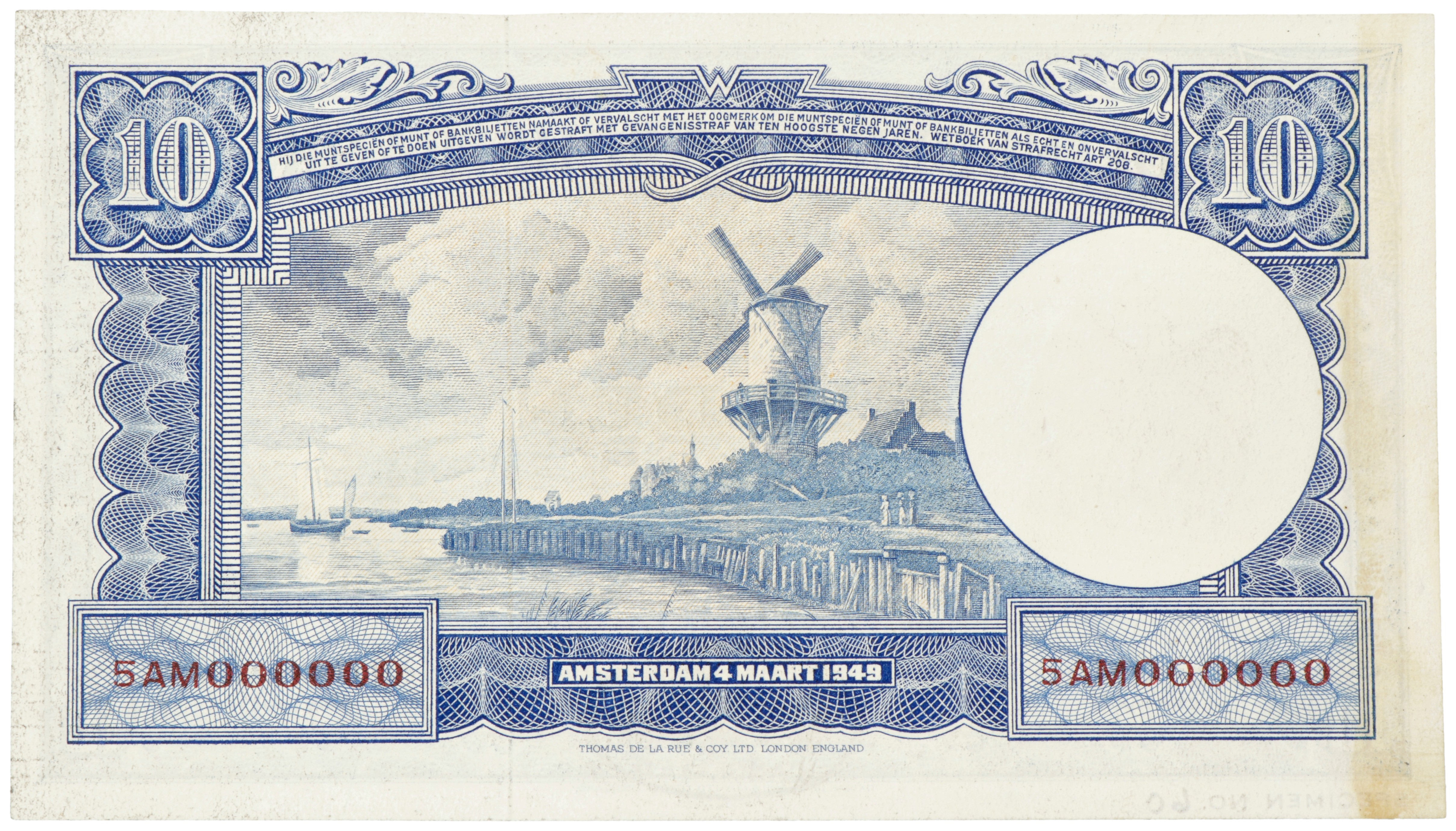 Nederland. 10 Gulden. Bankbiljet. Type 1949. Type Willem I / Molen. Specimen. - Nagenoeg UNC.