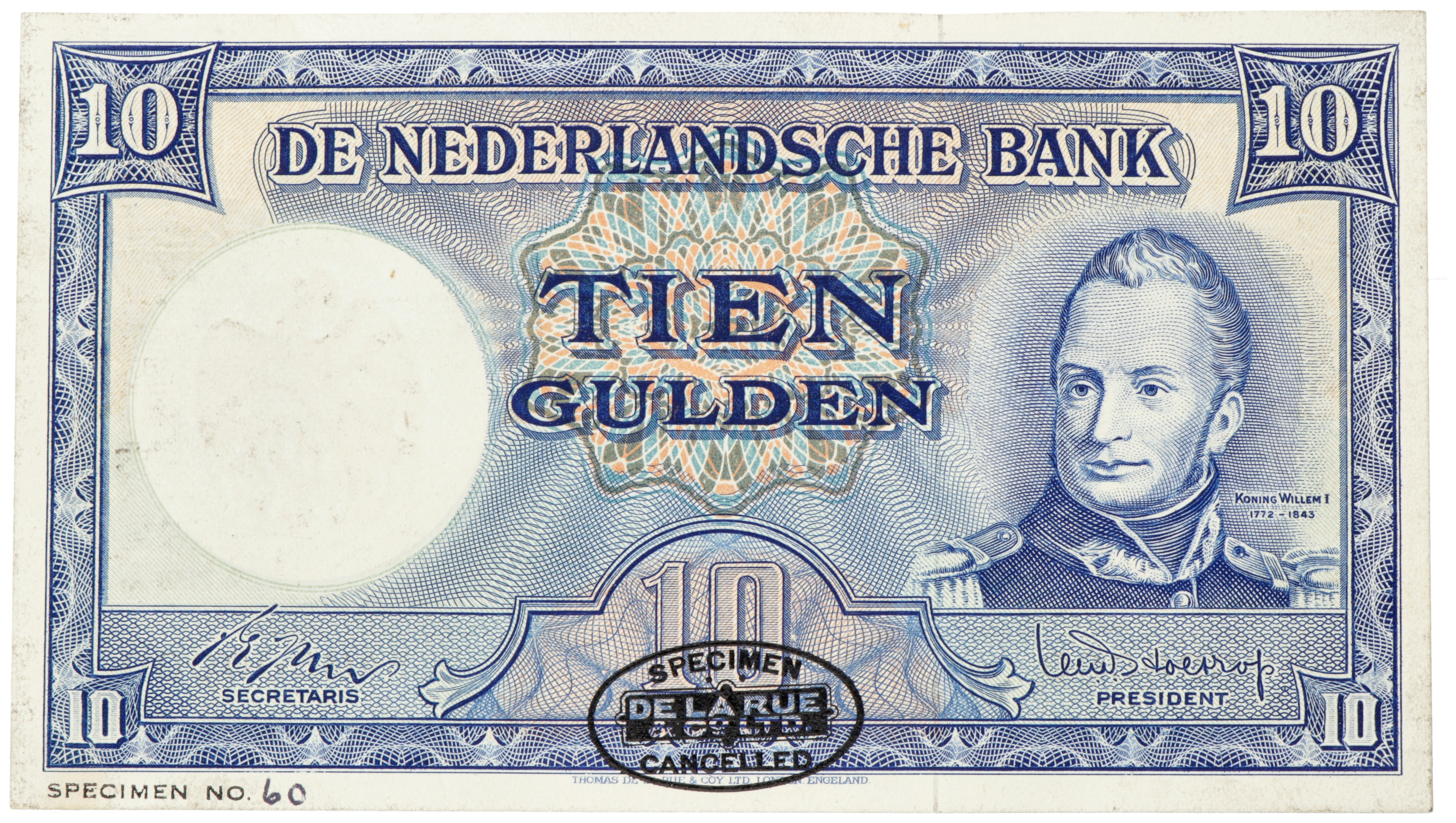 Nederland. 10 Gulden. Bankbiljet. Type 1949. Type Willem I / Molen. Specimen. - Nagenoeg UNC.