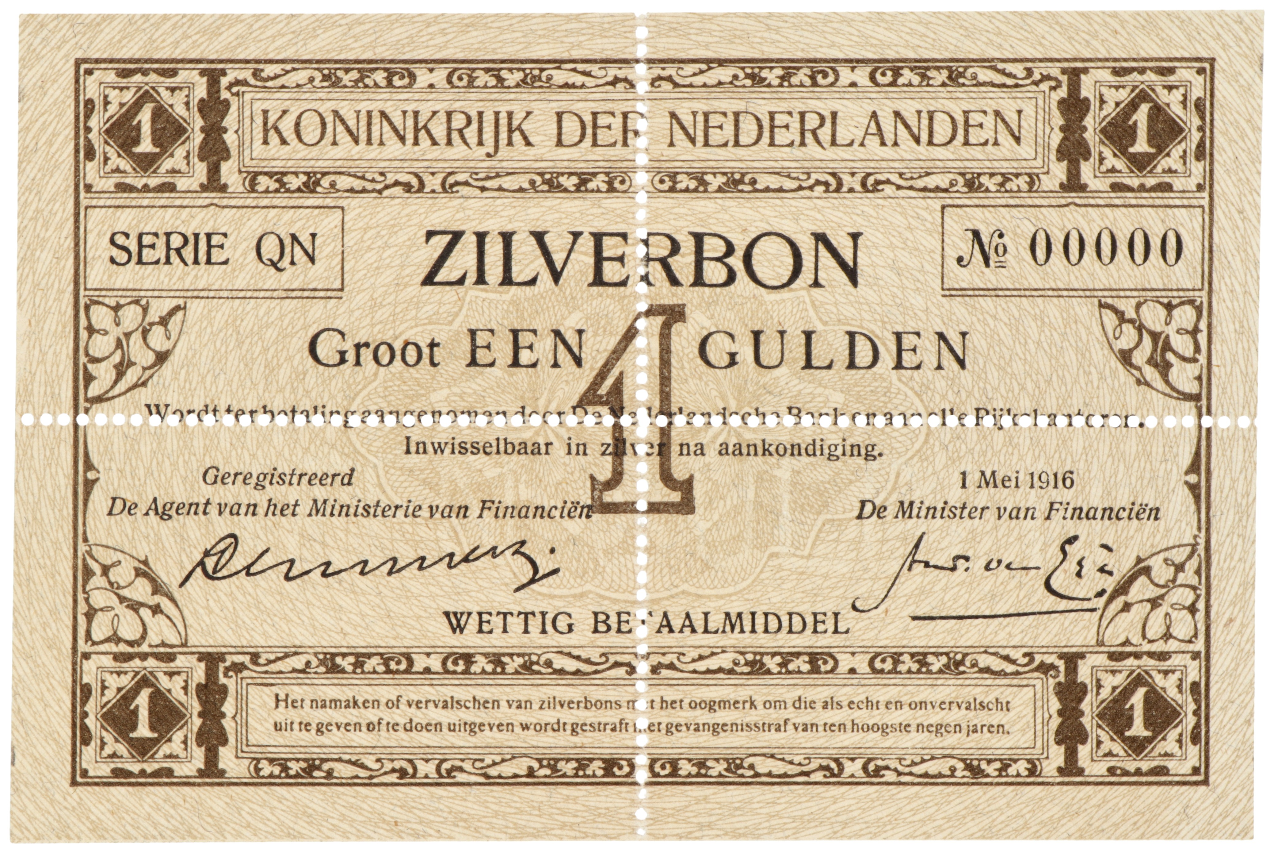 Nederland. 1 Gulden. Zilverbon. Type 1916. - UNC.