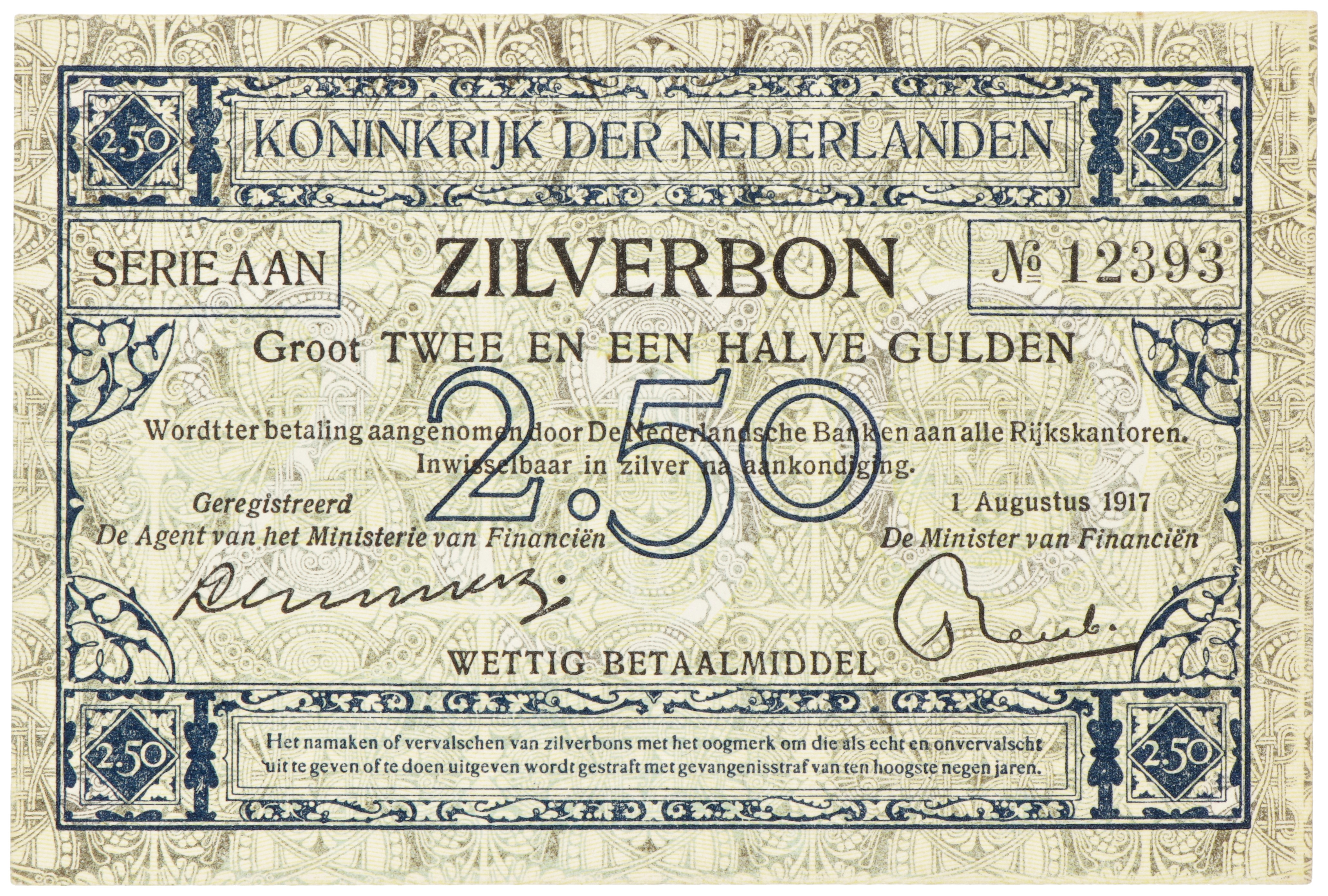 Nederland. 2½ Gulden. Zilverbon. Type 1915. - Prachtig +.