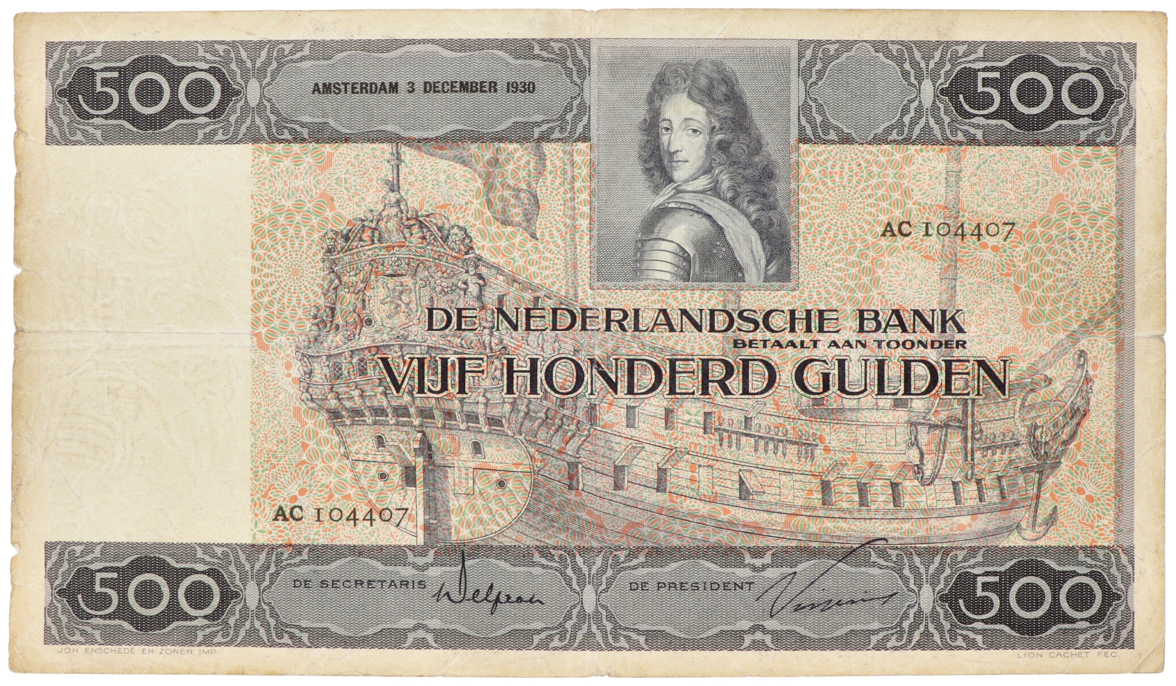 Nederland. 500 Gulden. Bankbiljet. Type 1930. Type Stadhouder Willem III. - Zeer Fraai -.