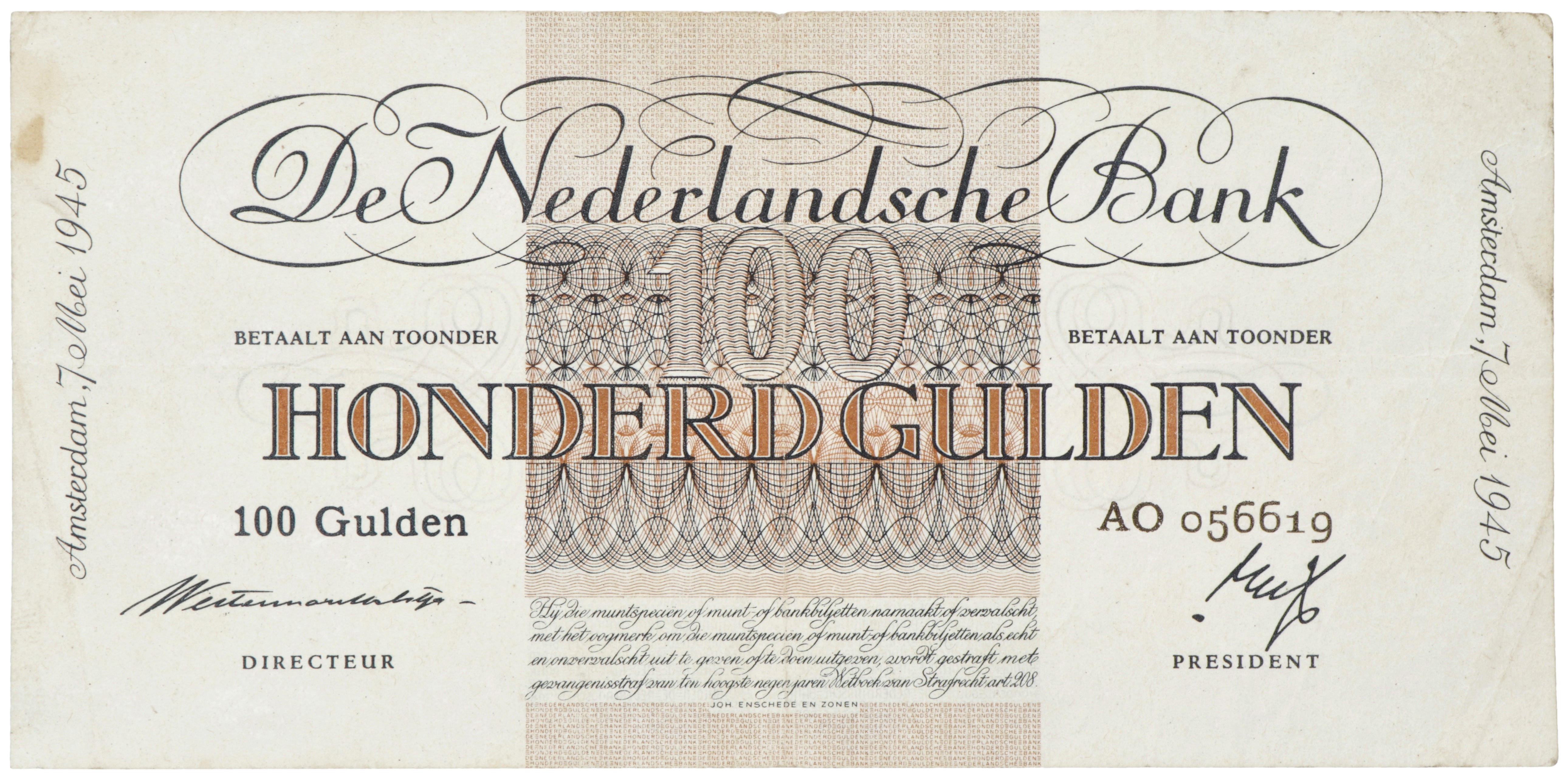 Nederland. 100 Gulden. Bankbiljet. Type 1945. Type Geldzuivering. - Zeer Fraai +.