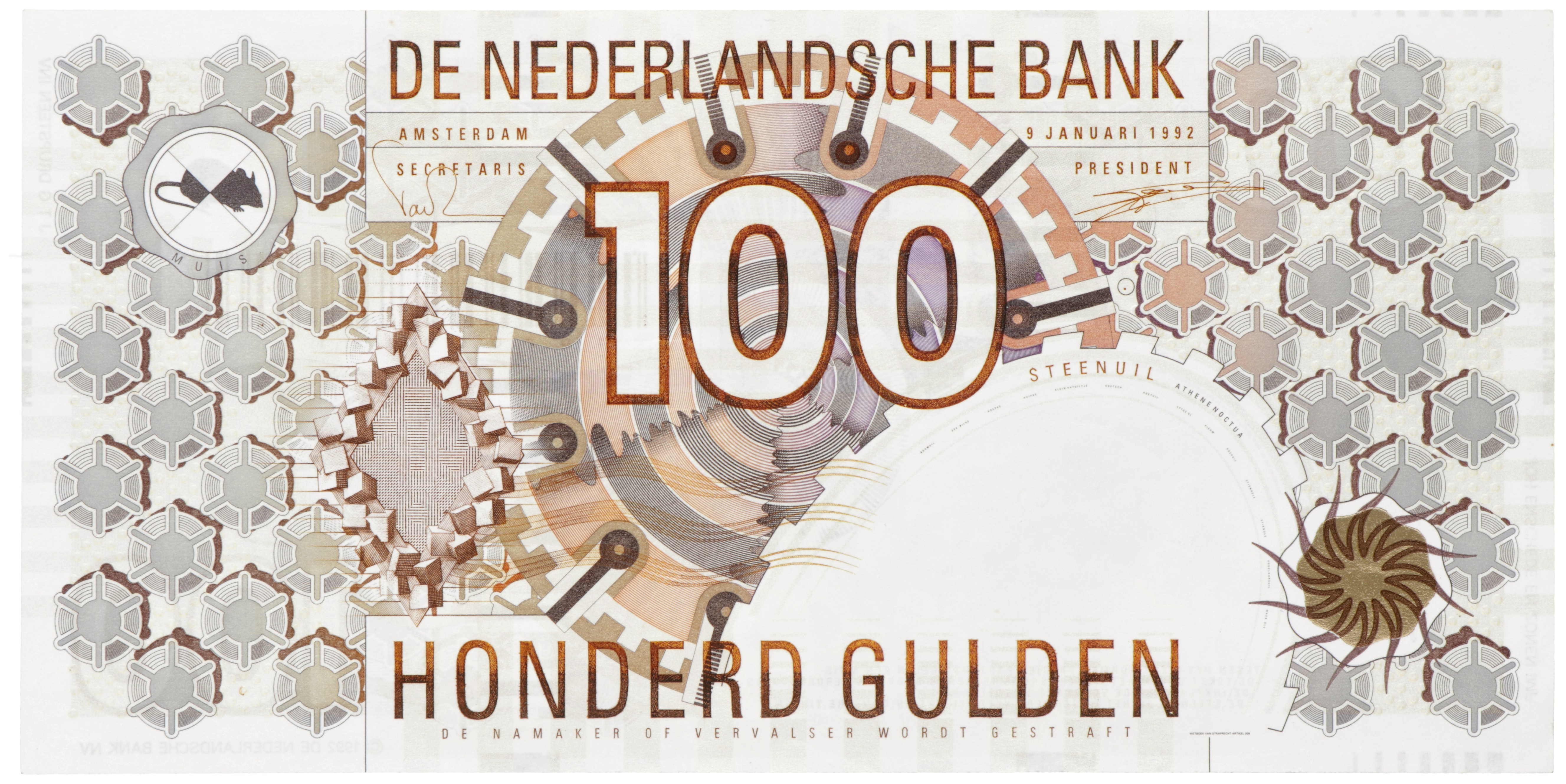 Nederland. 100 Gulden. Bankbiljet. Type 1992. Type Steenuil. - Prachtig +.