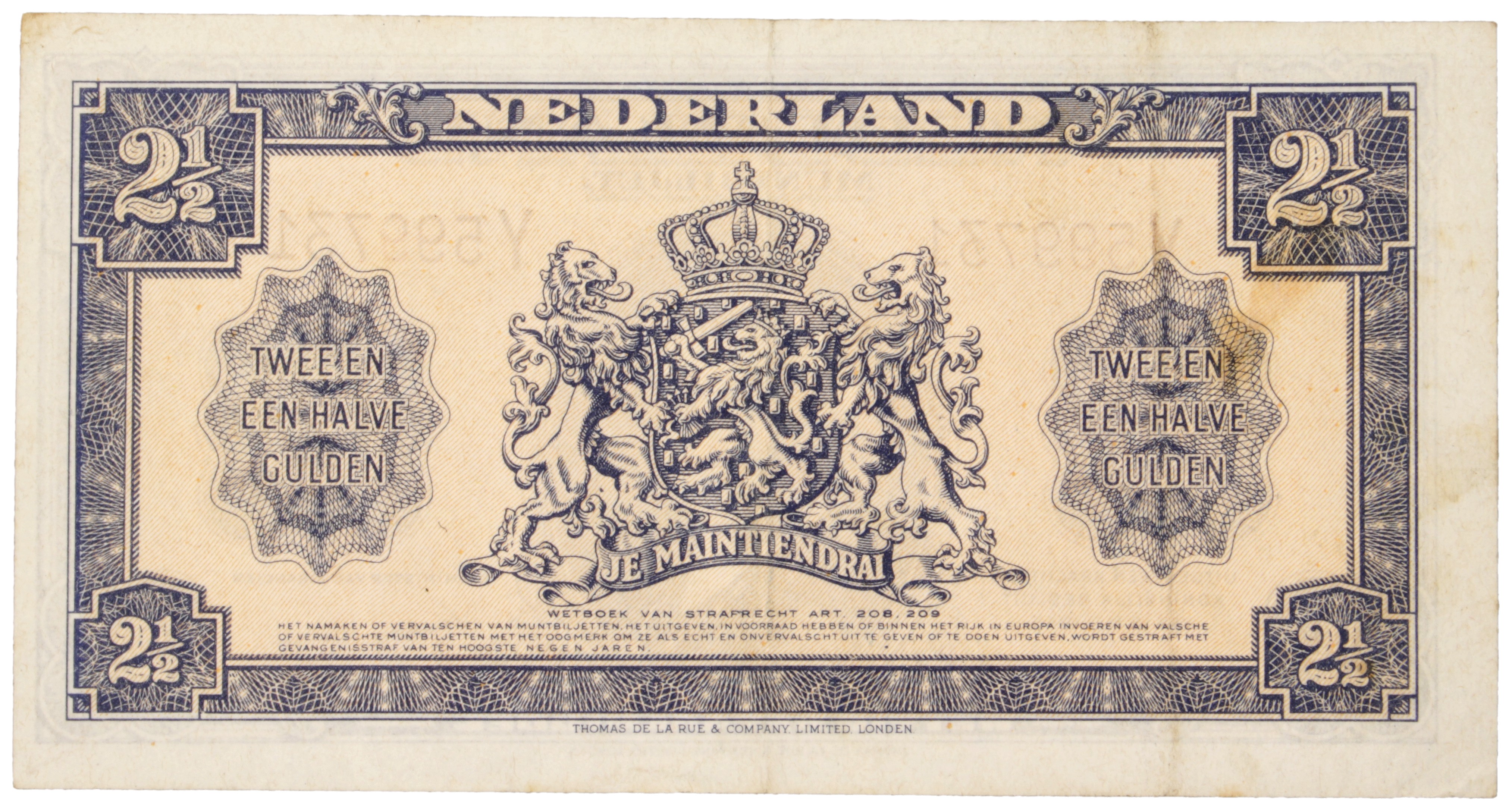 Nederland. 2½ Gulden. Bankbiljet. Type 1945. Type Wilhelmina. - Zeer Fraai +.