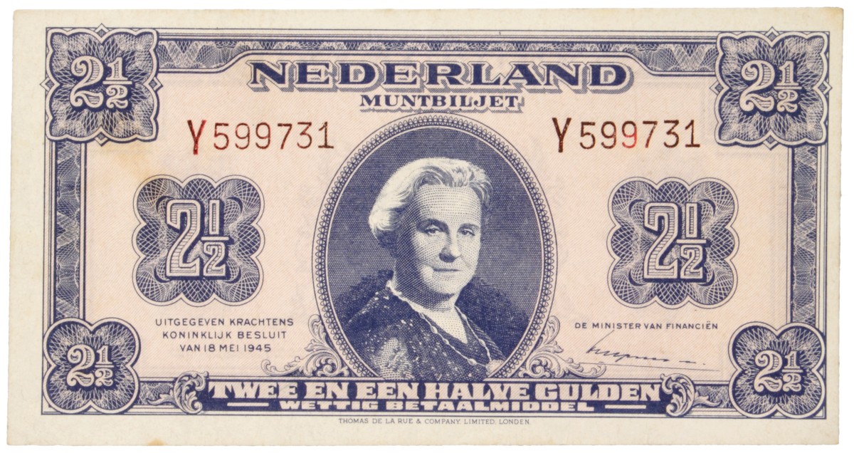 Nederland. 2½ Gulden. Bankbiljet. Type 1945. Type Wilhelmina. - Zeer Fraai +.