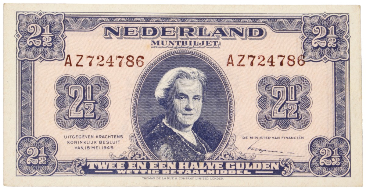 Nederland. 2½ Gulden. Bankbiljet. Type 1945. Type Wilhelmina. - Zeer Fraai / Prachtig.