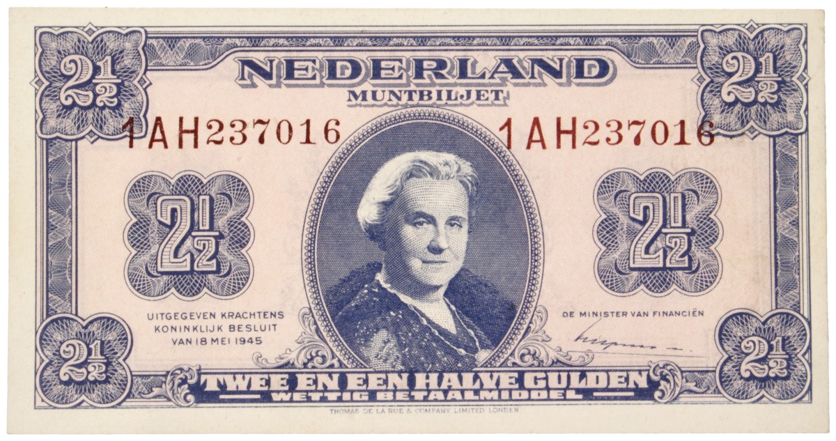 Nederland. 2½ Gulden. Bankbiljet. Type 1945. Type Wilhelmina. - Prachtig.