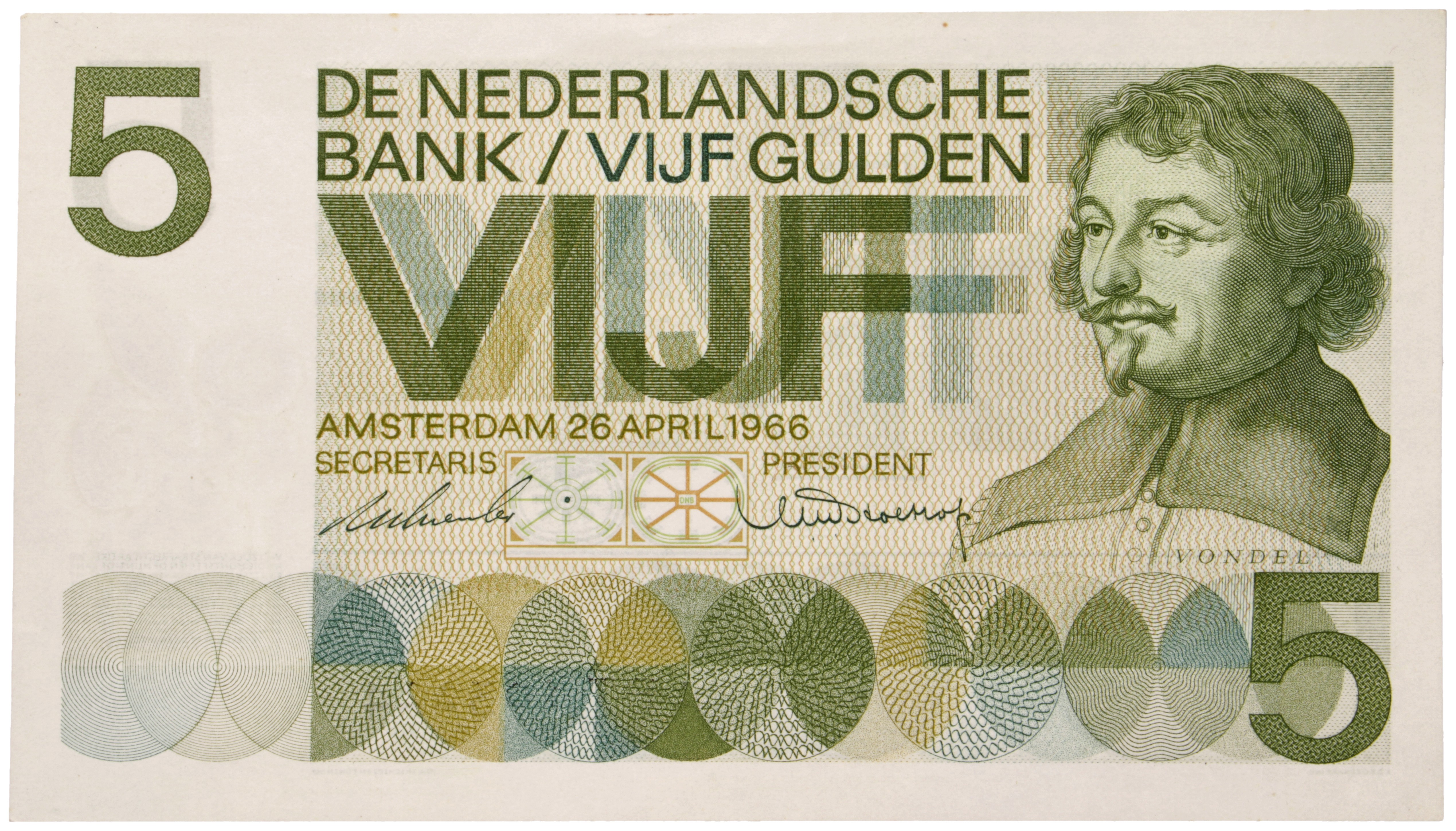 Nederland. 5 Gulden. Bankbiljet. Type 1966. Type Vondel. - Nagenoeg UNC.