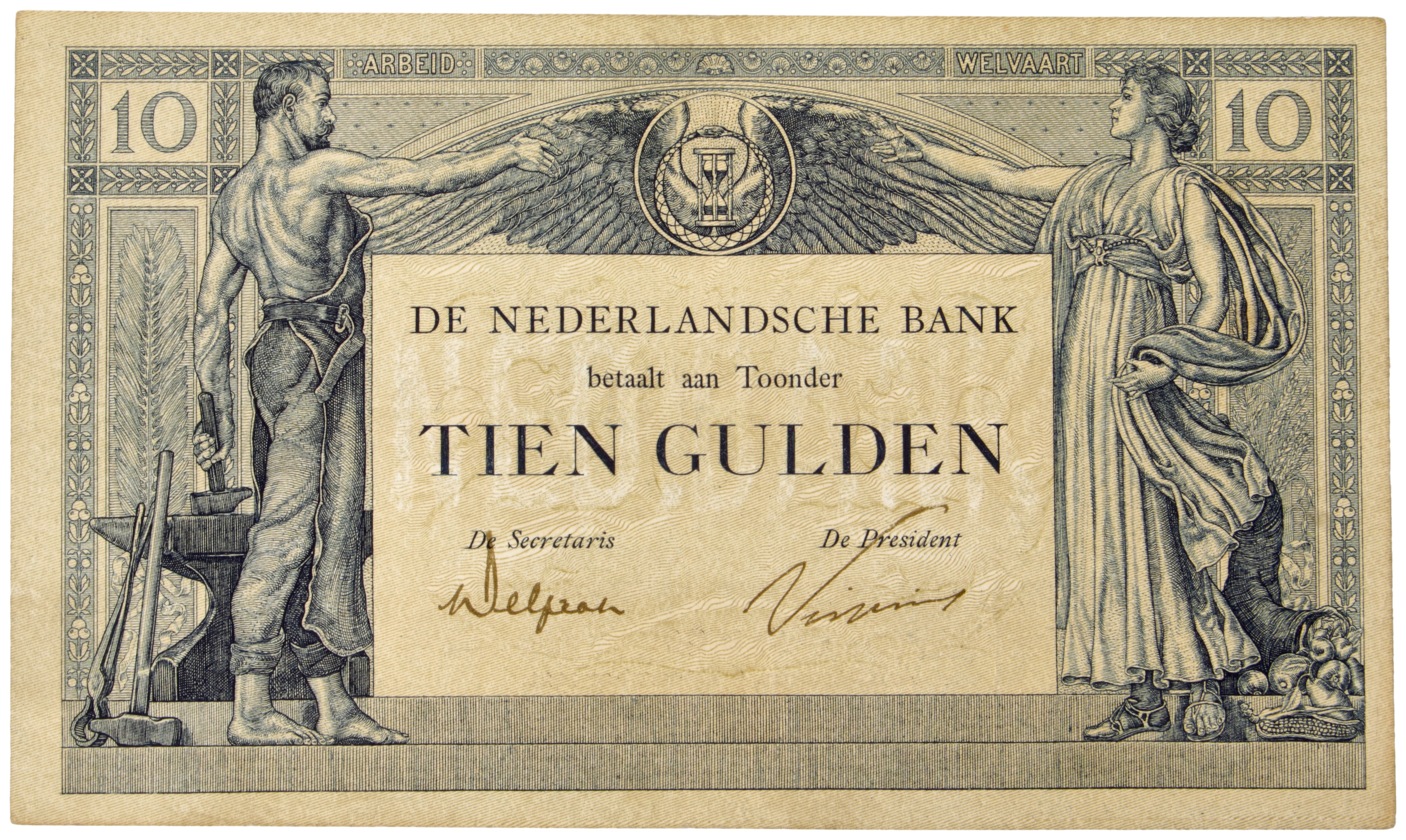 Nederland. 10 Gulden. Bankbiljet. Type 1921. Type Arbeid en Welvaart II. - Zeer Fraai +.
