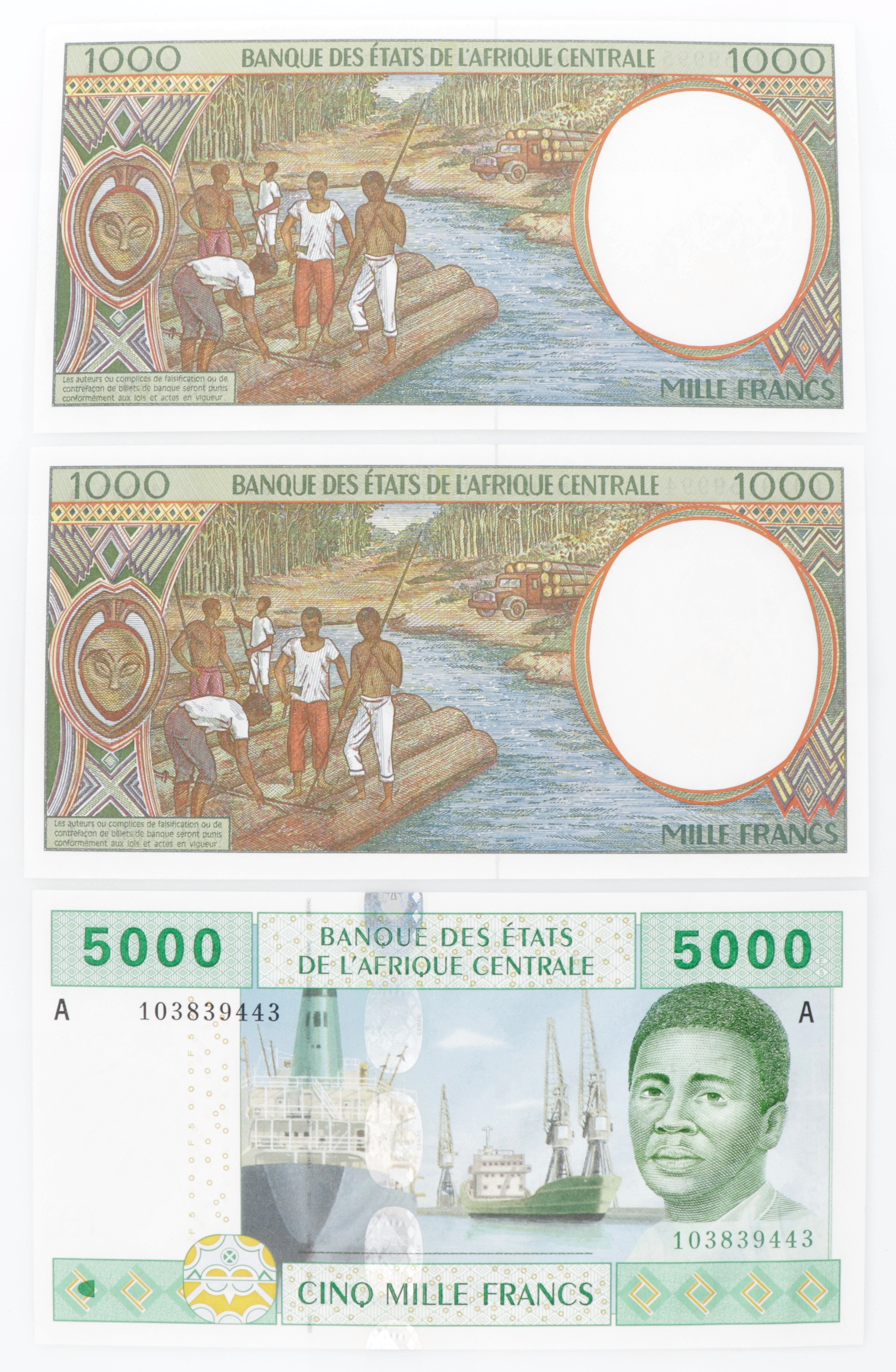 Central African States. Lot (3) 2x1000/5000 Francs. Banknote. Type 2002. Type Gabon. - UNC.